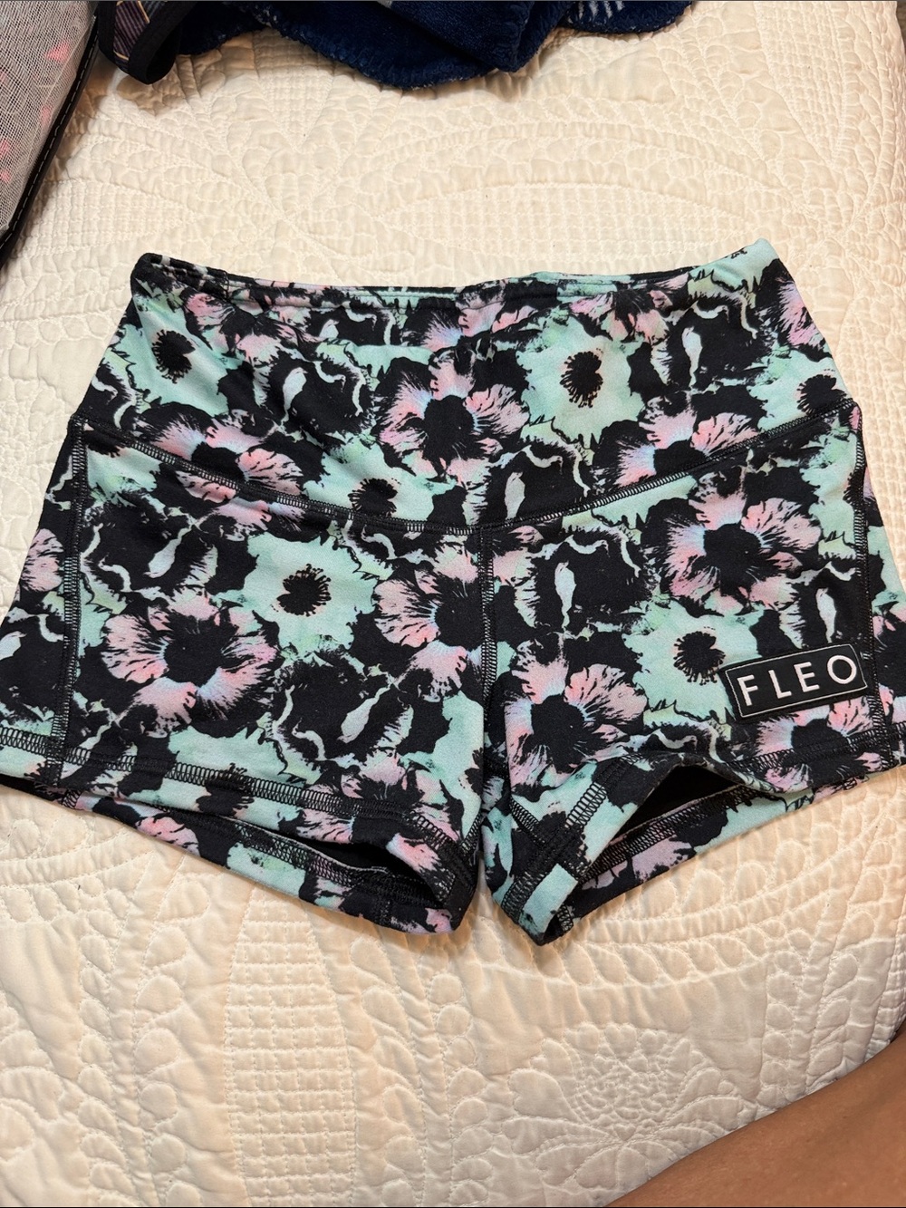 FLEO Black Floral Athletic Shorts with Mint & Pink Accents